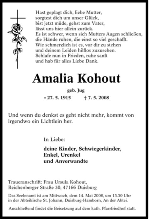 Traueranzeigen Von Amalia Kohout Trauer In Nrw De