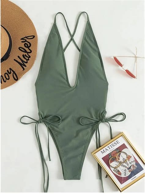 Solid V Neck One Piece Swimsuit For Women Sexy Cross Bandage Swimwear