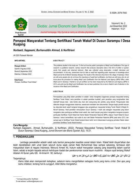 PDF Persepsi Masyarakat Tentang Sertifikasi Tanah Wakaf Di Dusun
