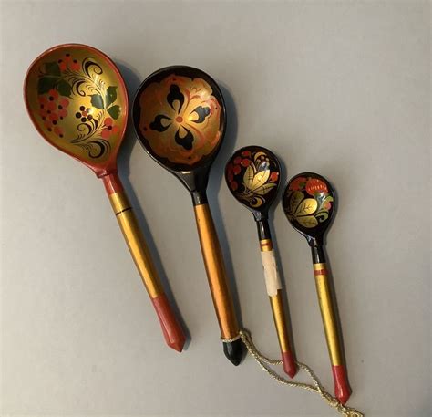 Vintage Russian Spoons Khokhloma Lacquerware Hand Painted Folk Art