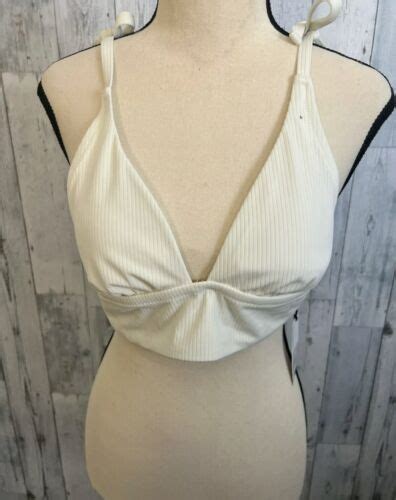 Womens Longline Ribbed Triangle Bikini Top Shade And Shore Cream L