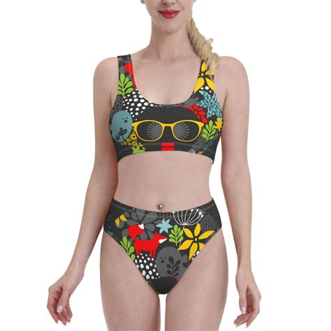 Adobk Black Head Woman With Fox Hair Print Women High Waisted Bikini