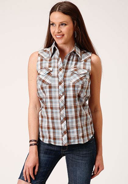 Womens Sleeveless Cowgirl Shirt BROWN BLUE WHITE PLAID