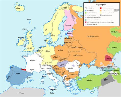 [OC] Etymology map of Europe for the words meaning "silver" as per request : r/etymologymaps