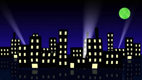 Cartoon Looping Animation Of Cityscape At Night With Moving Search