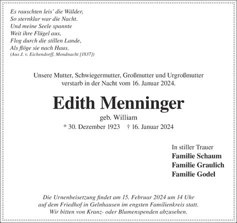 Traueranzeigen Von Edith Menninger Trauer Gnz De