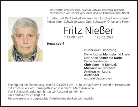 Fritz Nie Er Traueranzeige Trauer Infranken De