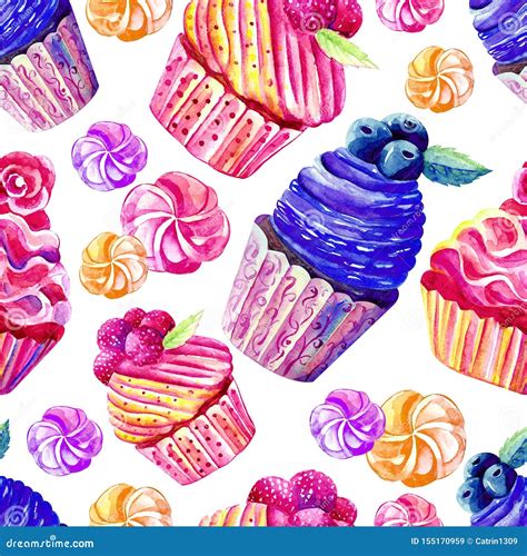 Seamless Pattern Of Cakes Cupcakes Marshmallows In Watercolor On