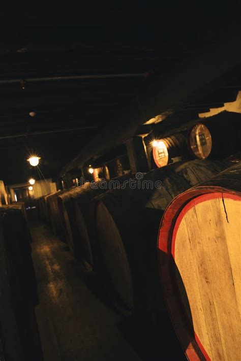 Wine In Wooden Barrels Stored For Aging In The Cellar Stock Photo