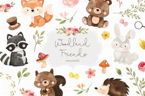 Woodland Nursery Clipart Woodland Animals Watercolor Digital Etsy