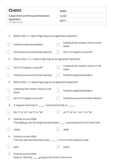 Pronoun Antecedent Agreement Worksheets For Th Class On Quizizz