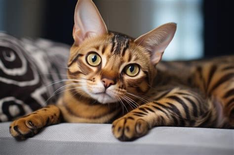 Un gato bengalí está reclinado en el sofá mostrando una expresión de