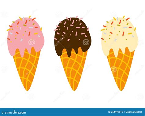 Vector Illustration Of Ice Cream In A Waffle Cone Icecream In Pink And