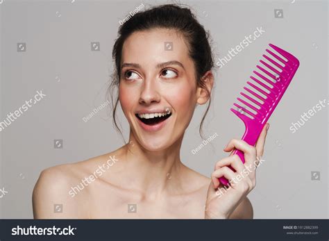 Excited Halfnaked Woman Posing Comb On Stock Photo 1912882399