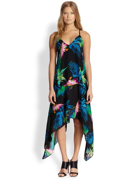 Milly Silk Printed Handkerchief Hem Dress In Black Lyst