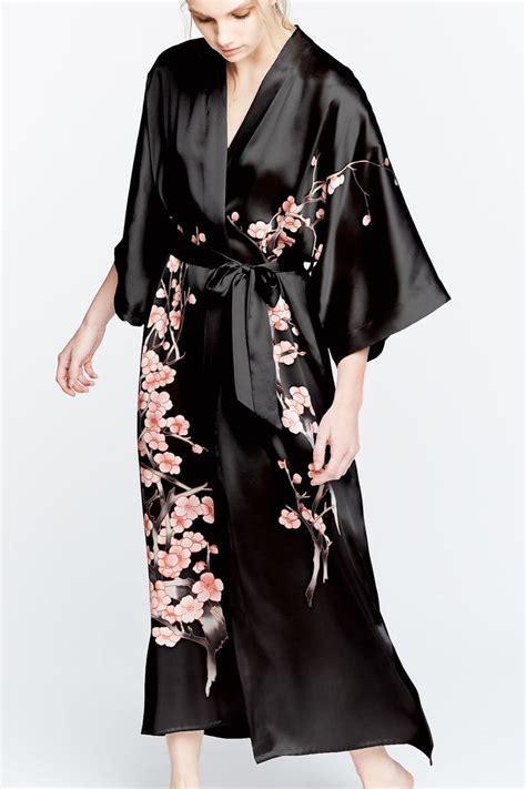 Silk Handpainted Cherry Blossom Long Kimono Robe Kimono Fashion Long