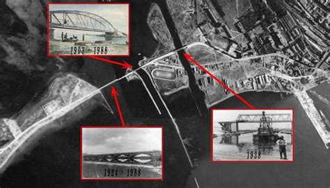 An Aerial View Of A Bridge And Some Other Buildings With Red Arrows