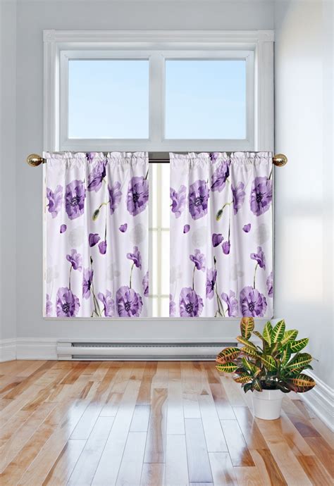 1 Set Dr2 Purple Flower Pattern White Background Panel Valance Curtain