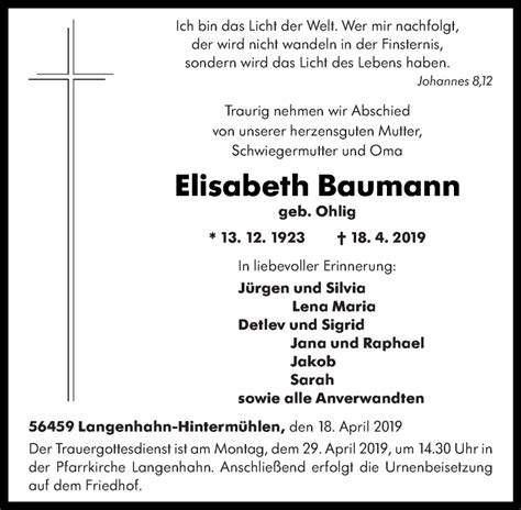 Traueranzeigen Von Elisabeth Baumann Rz Trauer De