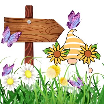 Sunflower Gnome Meadow Pink Butterfly Sunflower Gnome Grass Png