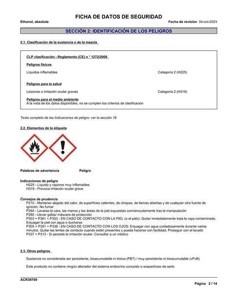 Ficha De Datos De Seguridad Msds Ethanol Alcohol Et Lico Pdf