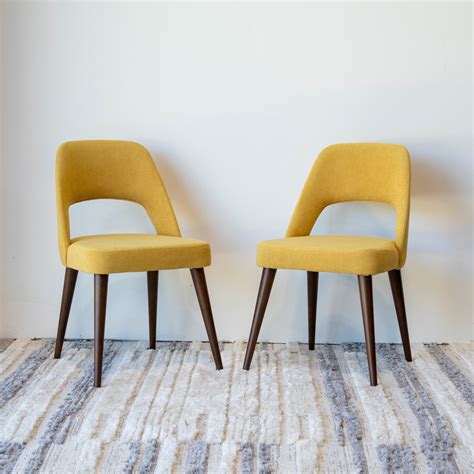 linen upholstered dining chairs bright yellow fabric tapered wood legs ...