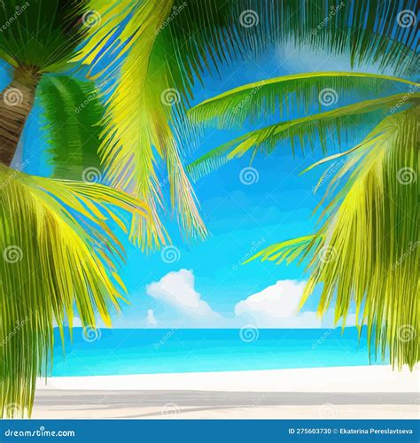 Tropical Paradise Island Sandy Beach Palm Trees And Sea Stock Vector