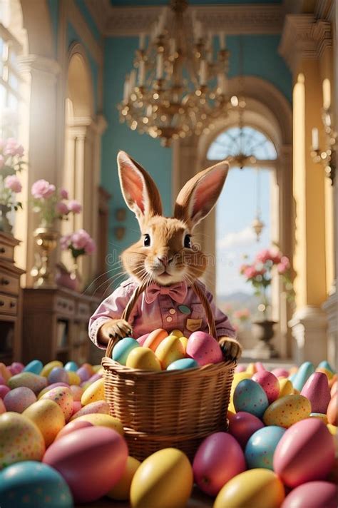 A Picture Of A Large Easter Bunny Carrying A Basket Filled With Eggs