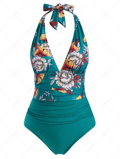 [25 Off] 2021 Zaful Plus Size Halter Floral Ruched One Piece Swimsuit