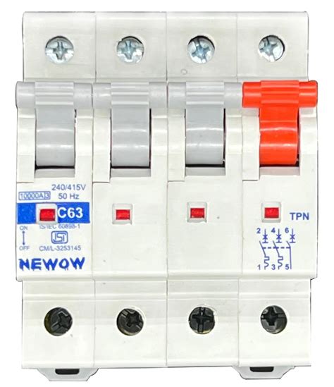 Newow 63Amp Triple Pole Neutral TPN MCB ISI Marked Miniature Circuit