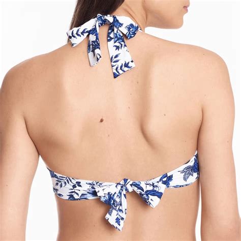 Blue White Floral Toile Twist Molded Cup Halter Bikini Top Brandalley