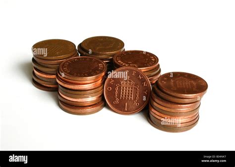 Piles Of Penny Copper Coins With 1p One Pence Standing Sterling