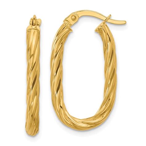 14k Yellow Gold Italian Twisted Oval Hoop Earrings 1in Le2656