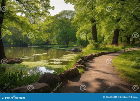 Serene Park Lake And Stone Path A Vibrant Summer Spring Landscape