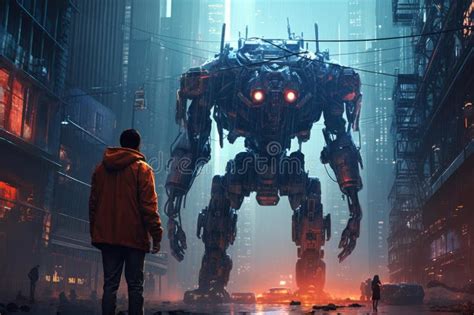 Futuristic Giant City Cyberpunk Robot. Generate Ai Stock Photo - Image ...