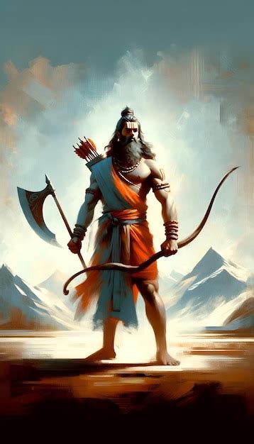 Illustration Of A Lord Parshuram With Axe And Bow In Oil Painting Style