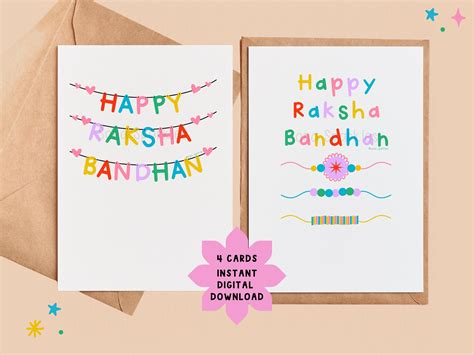 4 Raksha Bandhan Cards Printable, Instant Download Raksha Bandhan Gifts Rakhi Cards Desi Cards ...