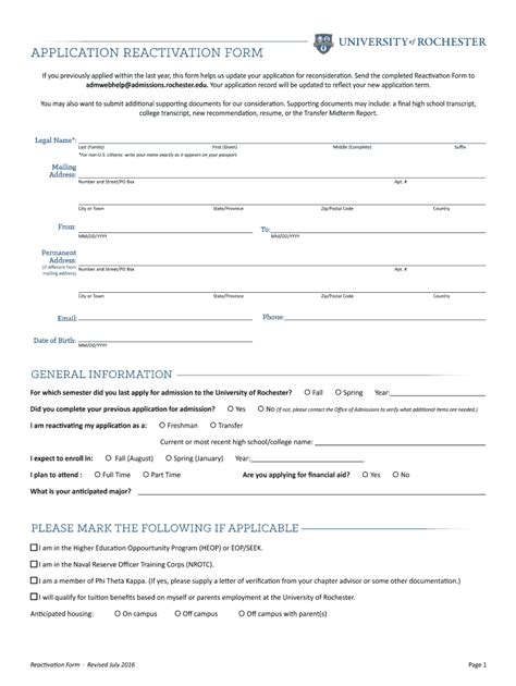 Fillable Online Enrollment Rochester Application Reactivation Form