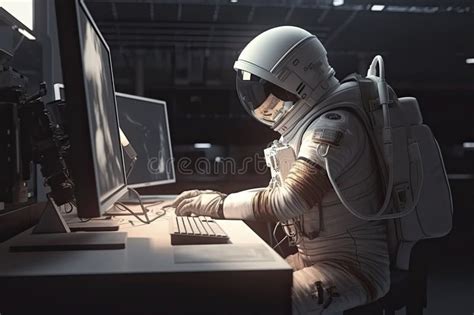 Um Astronauta Trabalha Em Seu Laptop Em Uma Base Espacial Em Um Dos