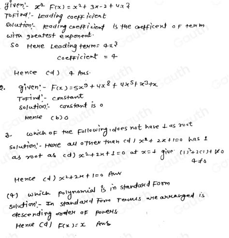 Solved 1 What Is The Leading Coefficient Of F X X 2 3x 2 4x 3 A 1 B −2 C 3 D 4 2 What