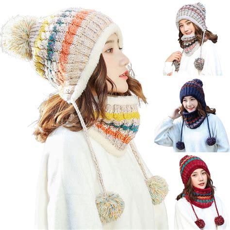 Hat Scarf Set For Women Girls Knit Beanie Hat Scarf Mask Set Warm Soft