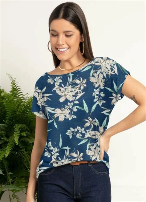 Blusa Fohagem Azul Com Mangas Curtas Quintess