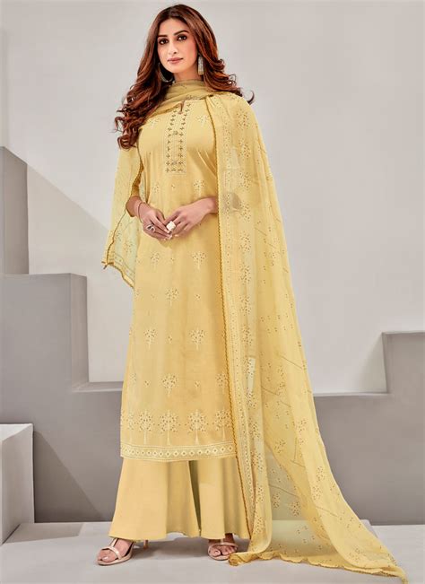 Buy Yellow Embroidered Designer Palazzo Salwar Kameez Online