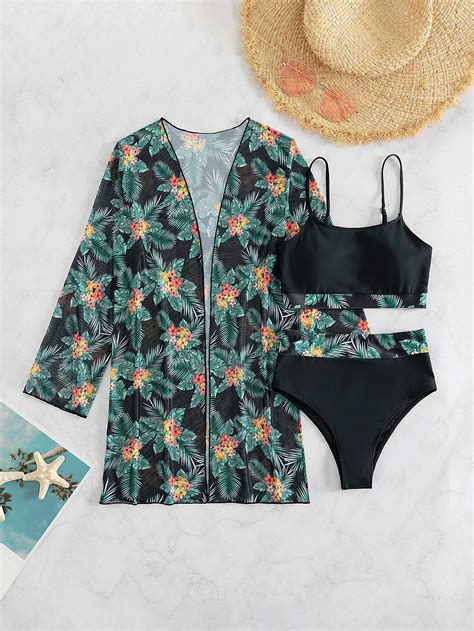 3pack Random Tropical Print Bikini Swimsuit Kimono SHEIN UK