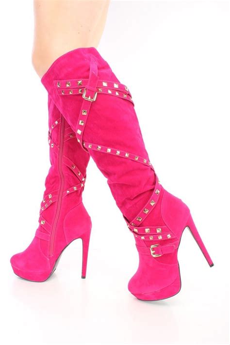 Hot Pink Studded Strappy High Heel Boots Faux Suede Boots Strappy