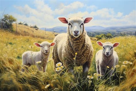 Premium AI Image | a painting of sheep and two lambs in a field