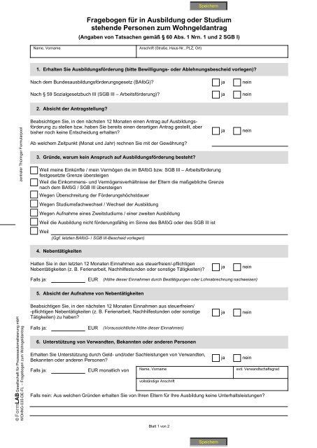 Fragebogen F R Ausbildung Und Studium Wohngeld