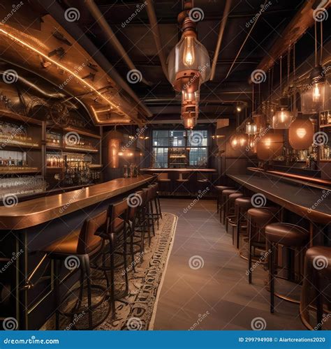 A Steampunk-themed Bar With Copper Pipes, Gears As Decor, And Edison