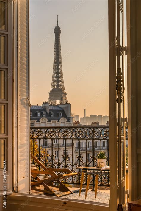 Beautiful Paris Balcony At Sunset With Eiffel Tower View Stock Photo