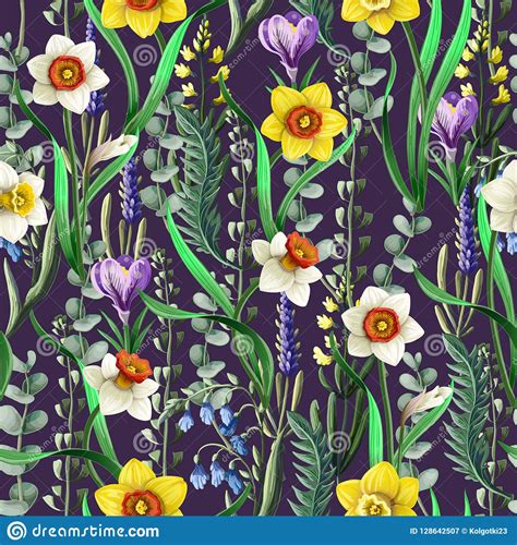 Seamless Pattern With Daffodils And Wild Flowers Vector Stock Vector